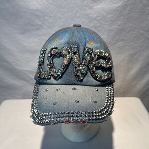 Embellished Denim Cap with Rhinestones